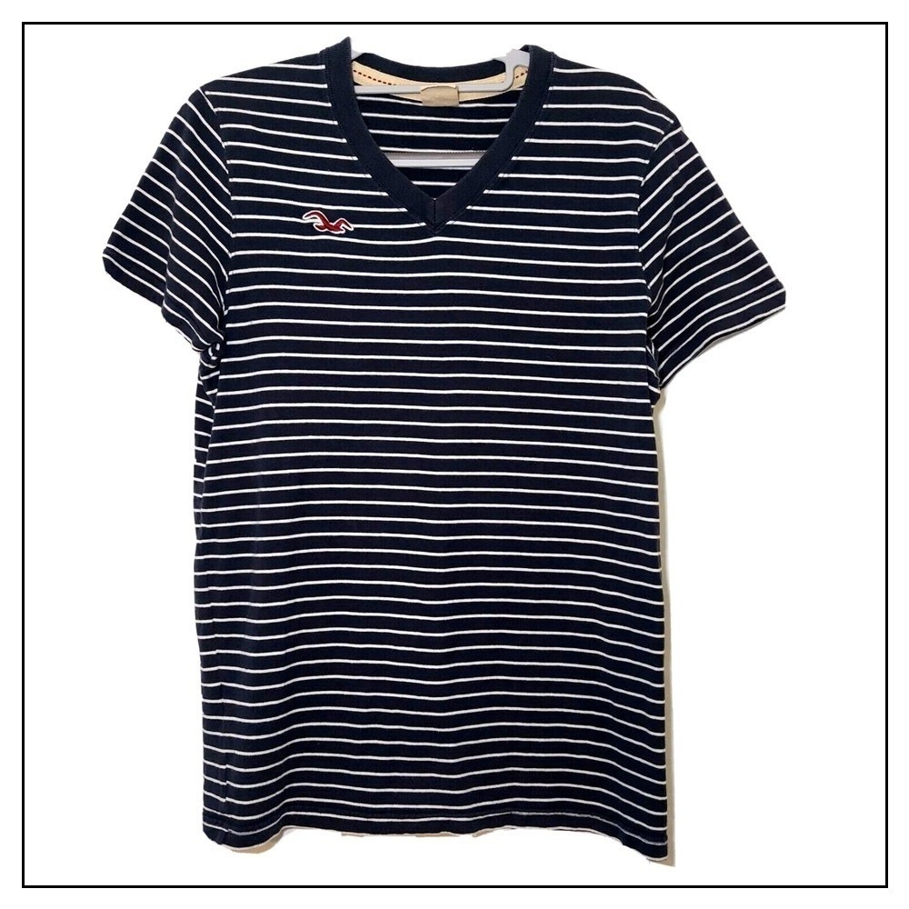 Y2K Hollister Men Shirt S Nautical Striped Short Sleeve V Neck‎ Navy HCO 2000s